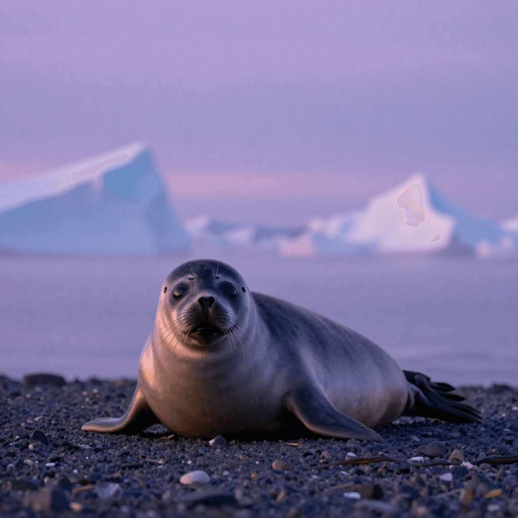 Baby seal pup lounging on a fog-washed Arctic shoreline, fur glowing under lavender-dawn light with distant icebergs. Shot with a 70-200mm z