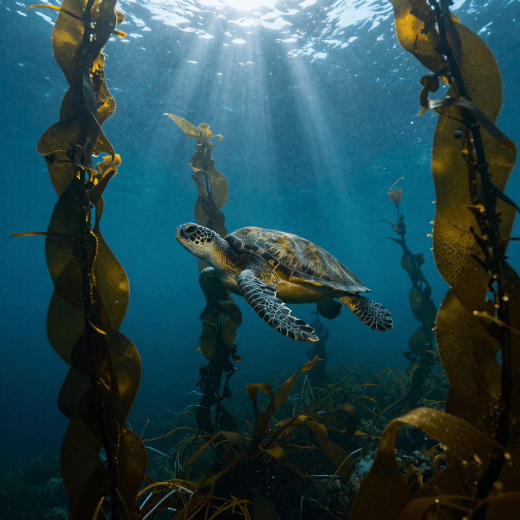 Green sea turtle gliding above a kelp forest in blue hour, sunbeams slicing through water to ribbon the scene in light and shadow. Underwate