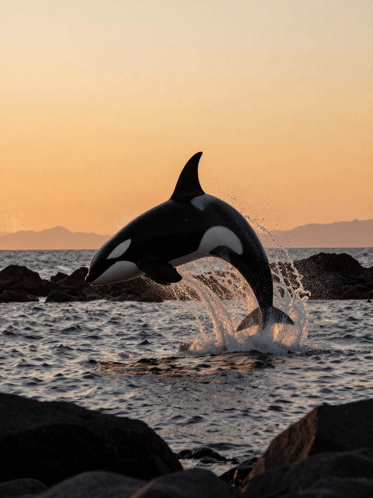 An orca dives and breaches near jagged shoreline at sunset, the black and white silhouette cutting through orange light in a wide angle wate