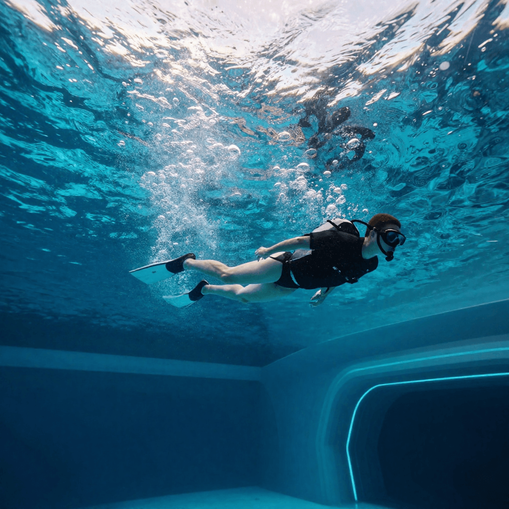 Underwater, a diver slices through a turquoise glow in a futuristic aquatic center in Singapore, bubbles trailing like stars; shot from belo