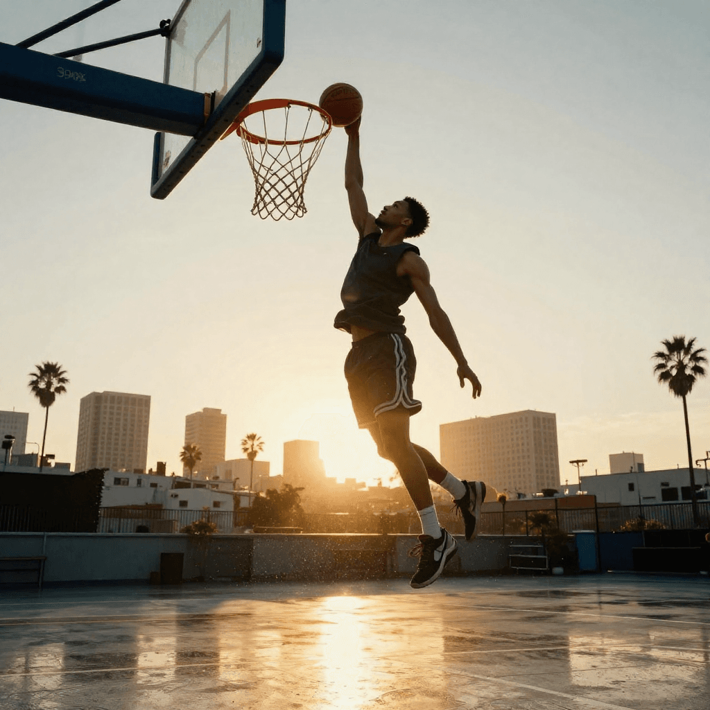 A towering basketball player hovers for a thunderous dunk on a rain-slick rooftop court above downtown Los Angeles at golden hour; captured