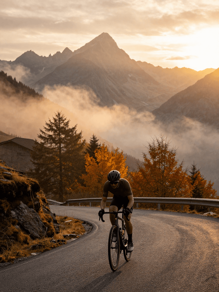 A pro cyclist grits up a hairpin climb through the misty French Alps, jagged peaks slicing the horizon and autumn foliage blazing; photograp