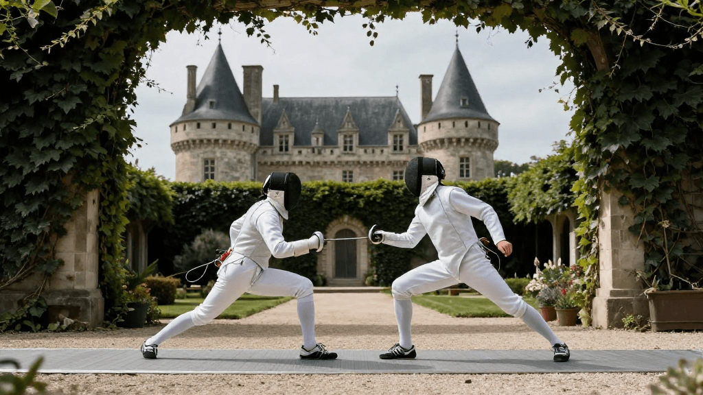 A fencer in crisp whites lunges along a sunlit gravel courtyard framed by ivy and a medieval Château in the Loire Valley; photographed at ey
