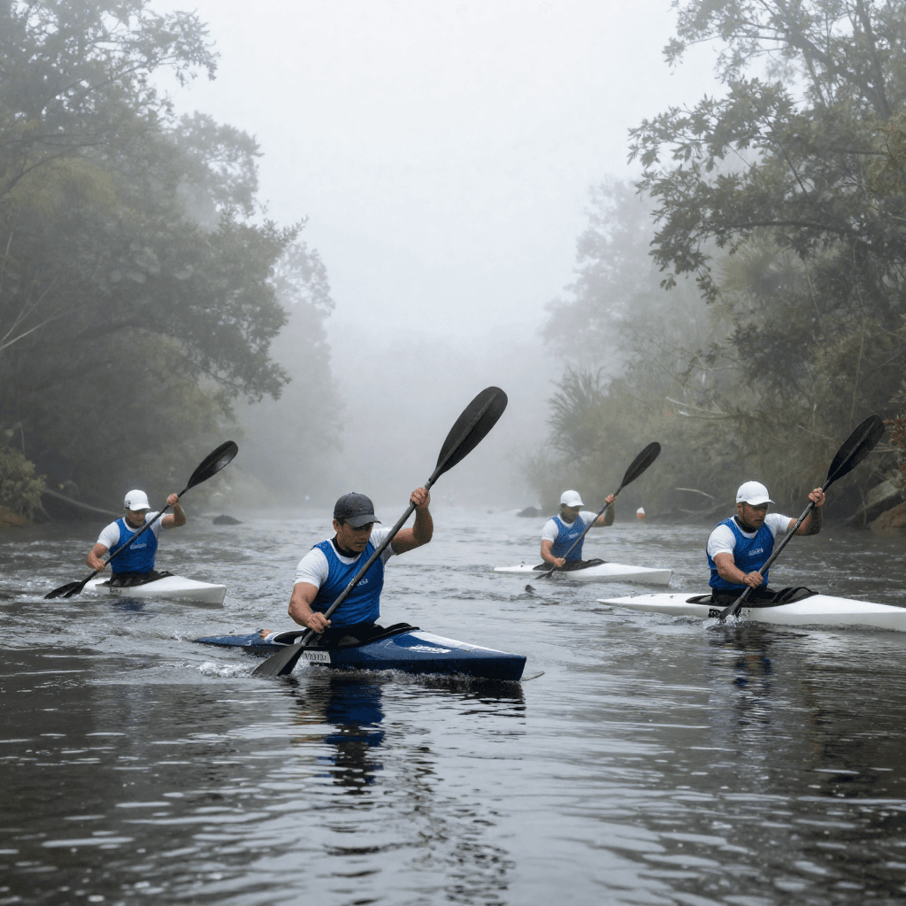Kayakers race a misty morning river, paddles beating in unison as fog threads between the trees. A water-level shot with a 50mm lens emphasi