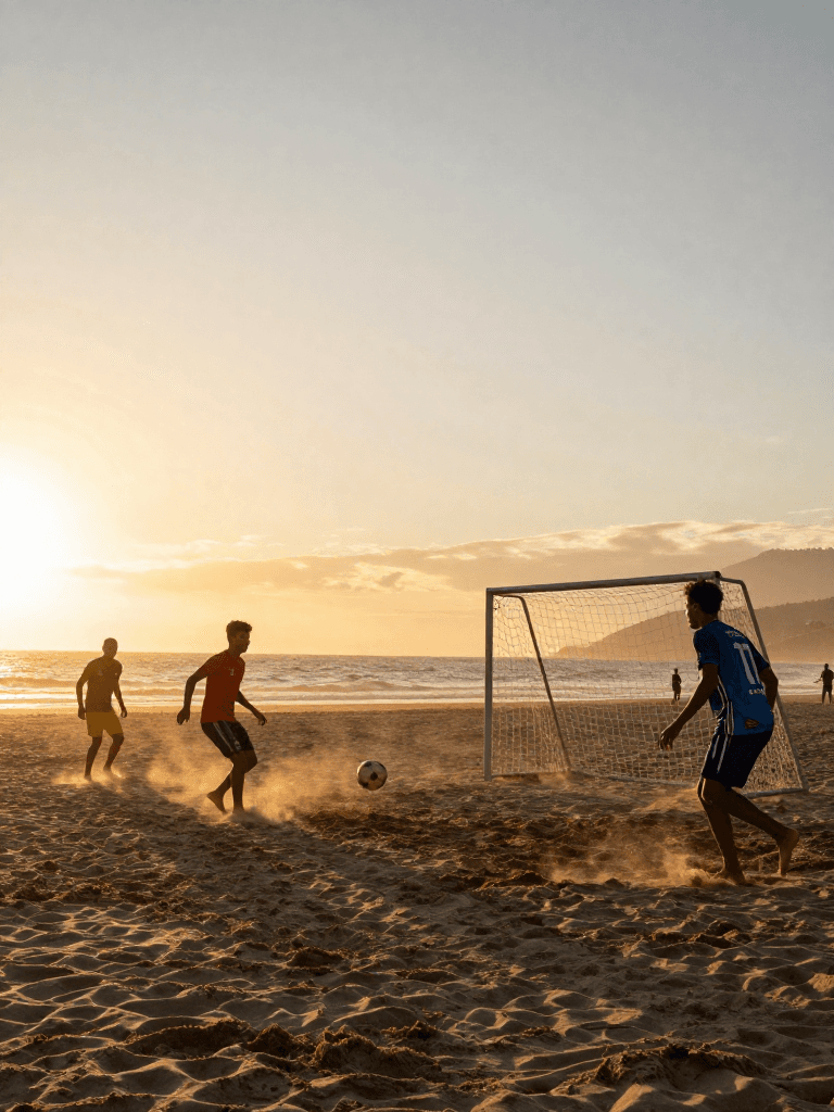 Beach soccer unfolds at sunset on a windswept Brazilian shore, players slipping in warm sand as the ball arcs toward a makeshift goal. Captu