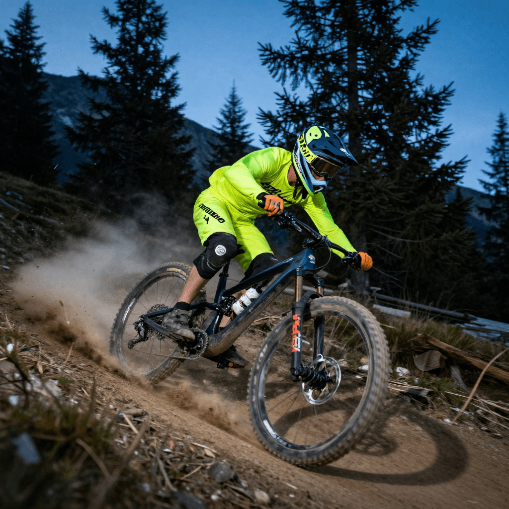 Mountain biking downhill through alpine pines, a rider in neon gear carving a sharp turn as dust bursts from the track. A low, panning shot