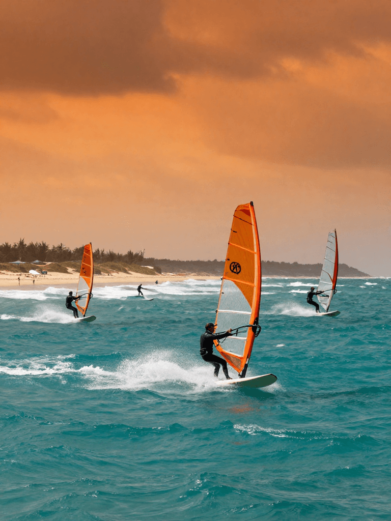 Windsurfers slash along a windy Cape Coast, spray exploding as boards skim bright turquoise water under a bruised orange sunset. A wide shot