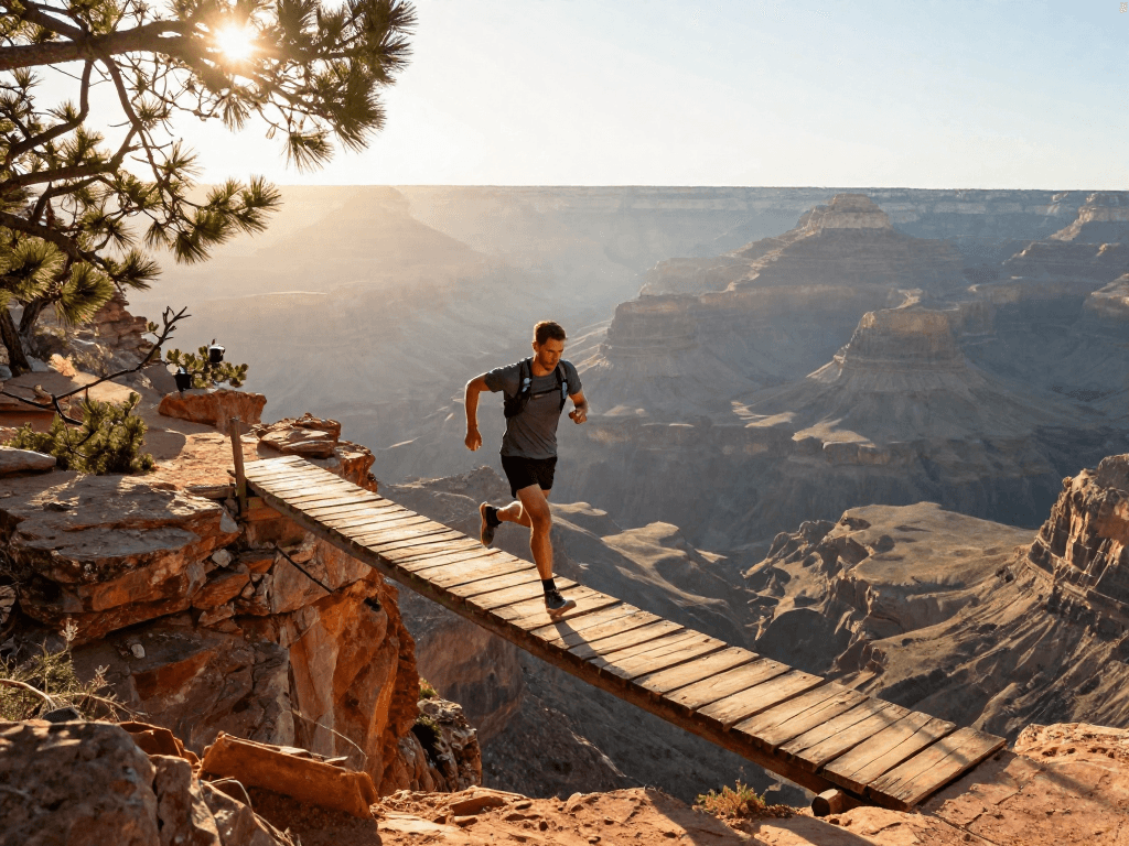Trail runner bounds across a wooden footbridge over a grand canyon gorge, shafts of sunlight stitching through pine needles. An elevated, ru
