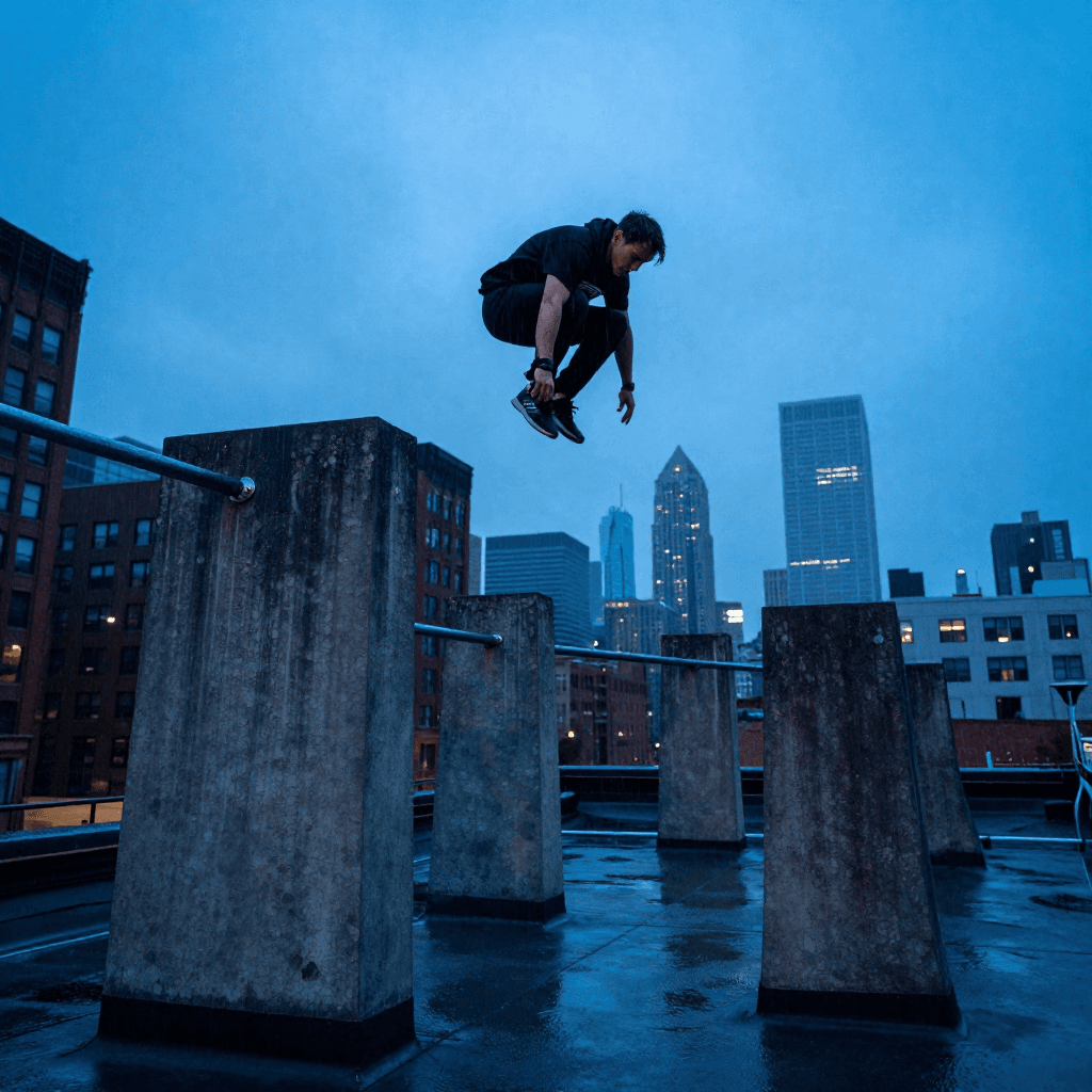 A lone parkour athlete threads a brutalist rooftop obstacle course under blue-hour neon in Chicago's South Side, leaping between concrete fi