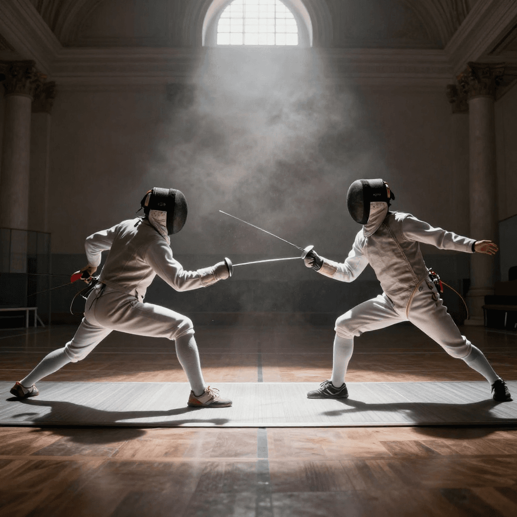 Two fencers glare through a haze of chalk and dust under brutal overhead lighting in a neo-classical gym in Lisbon. A razor-thin blade trace
